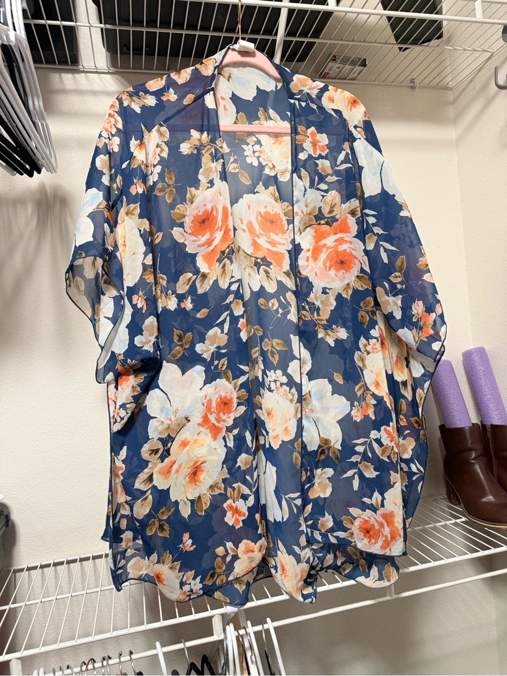 Floral Sheer Kimono Cardigan - Navy with Coral and Cream Flowers